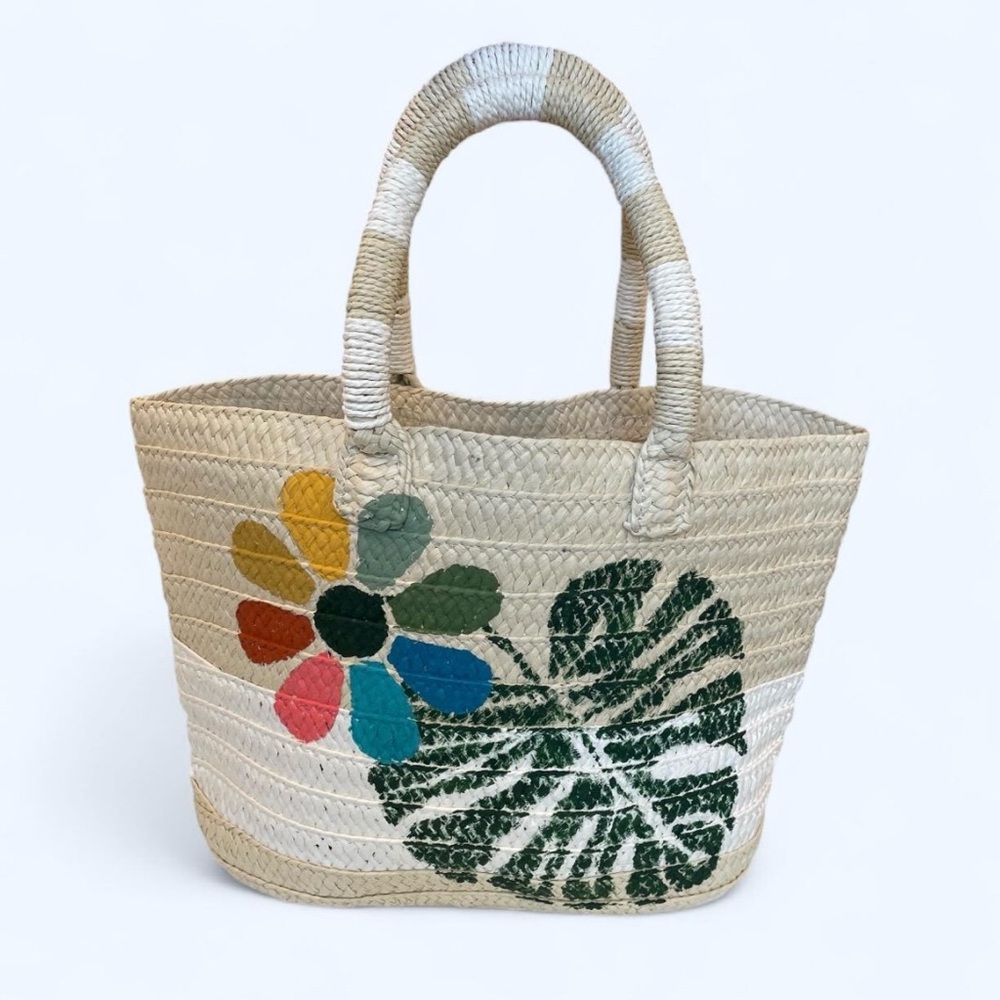 Straw Tote Bag with Hand Painted Flower Detail / Beach Bag, Farmer's Market Tote